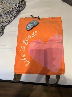 Life Is Good Orange Drawstring Bag with White Logo